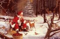 Santa Claus deliver Christmas gifts to animals in forest trees snow